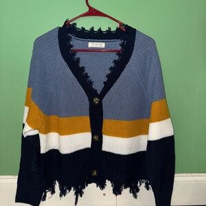 Distressed V-Neck Stripe Cardigan - Blue, Mustard, White, Black